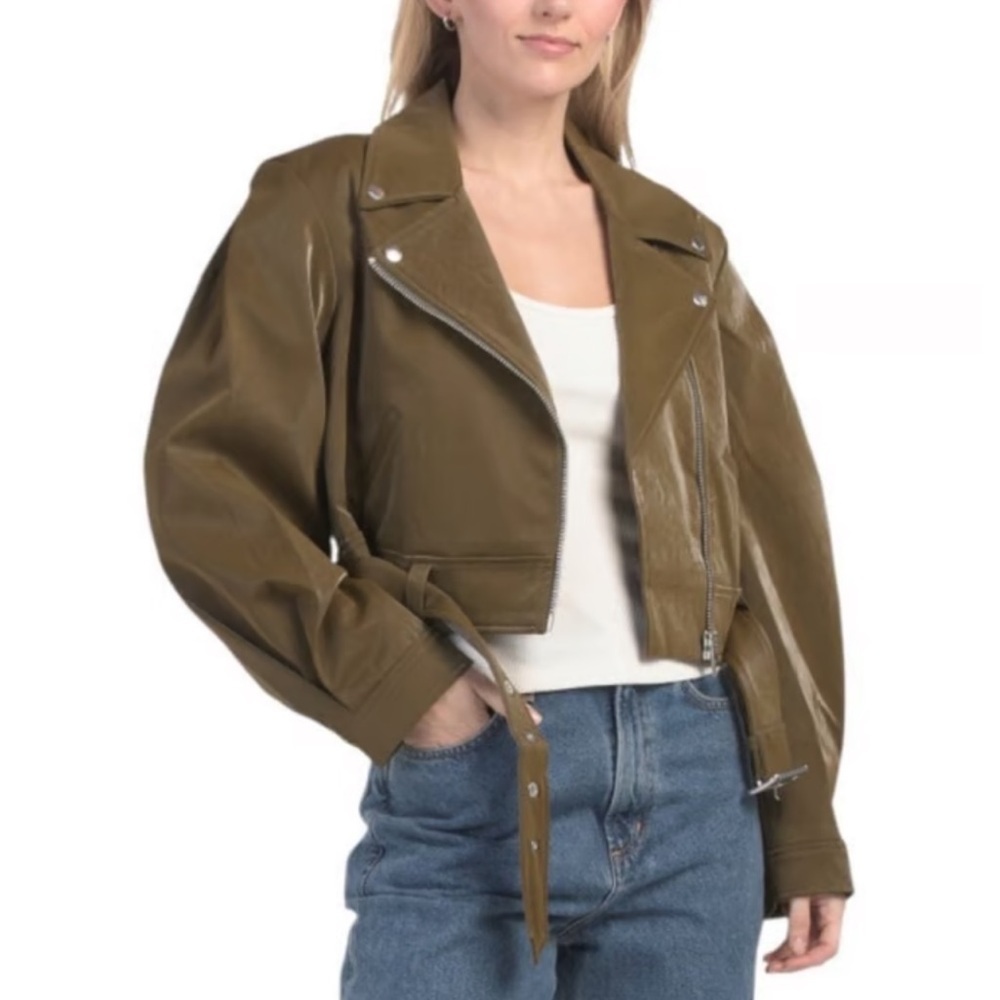 NWT Cinq à Sept Palo Faux Leather Moto Jacket Olive Green Belted Biker Size M
